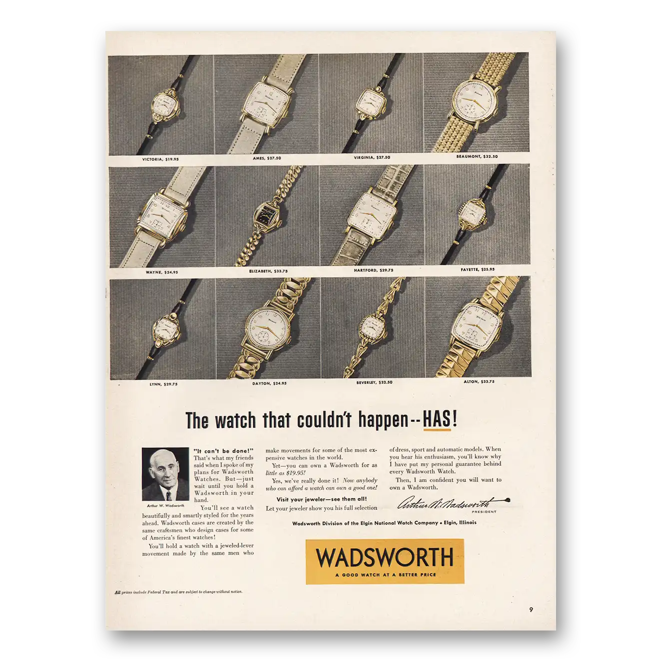 1952 Wadsworth Watch Watch That Couldn't Happen Vintage Magazine Print Ad