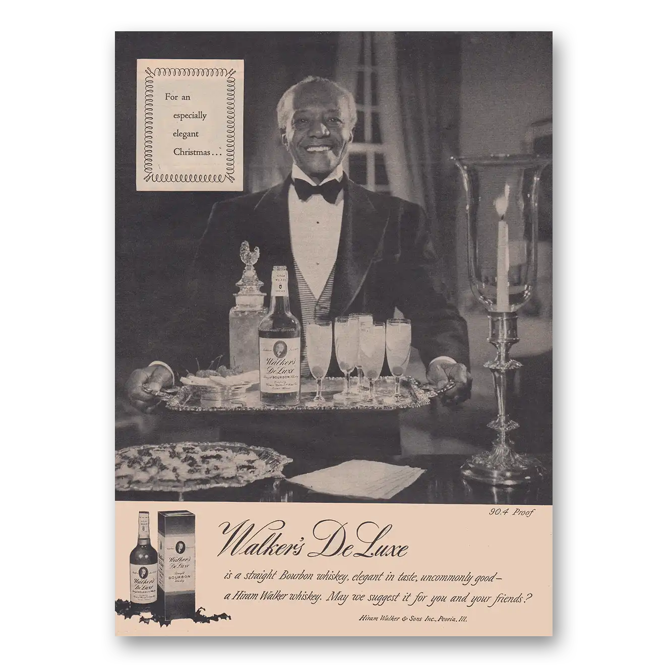 1952 Walkers DeLuxe Bourbon Whiskey Especially Elegant Christmas Vintage Magazine Print Ad