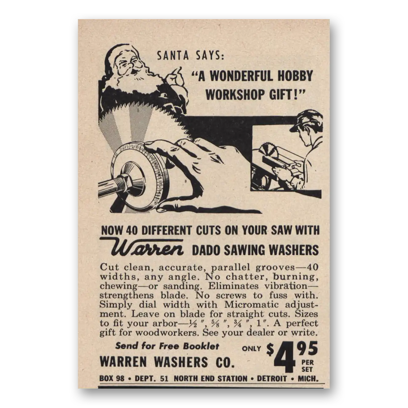 1952 Warren Washers Dado Sawing Washers Christmas Vintage Magazine Print Ad