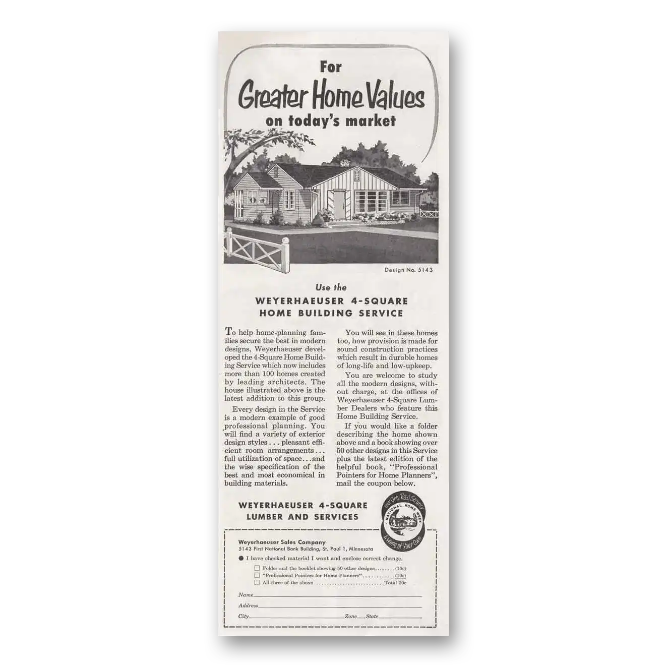 1952 Weyerhaeuser Home Building Service Vintage Magazine Print Ad