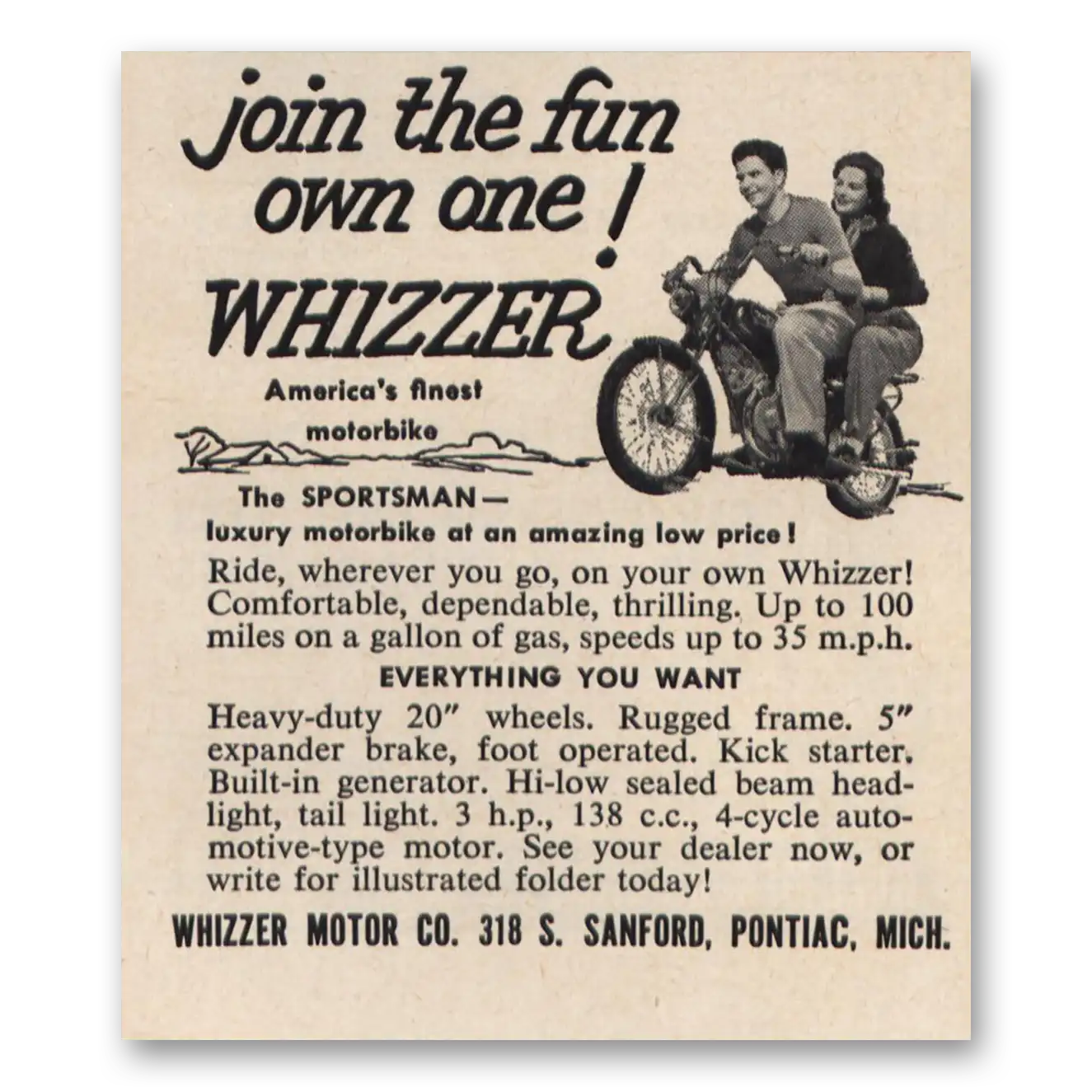 1952 Whizzer Motorbike Join the Fun Own One Vintage Magazine Print Ad