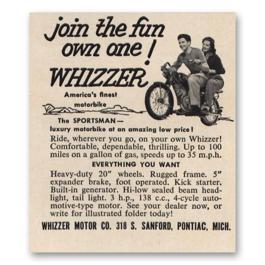 1952 Whizzer Motorbike Join the Fun Own One Vintage Magazine Print Ad