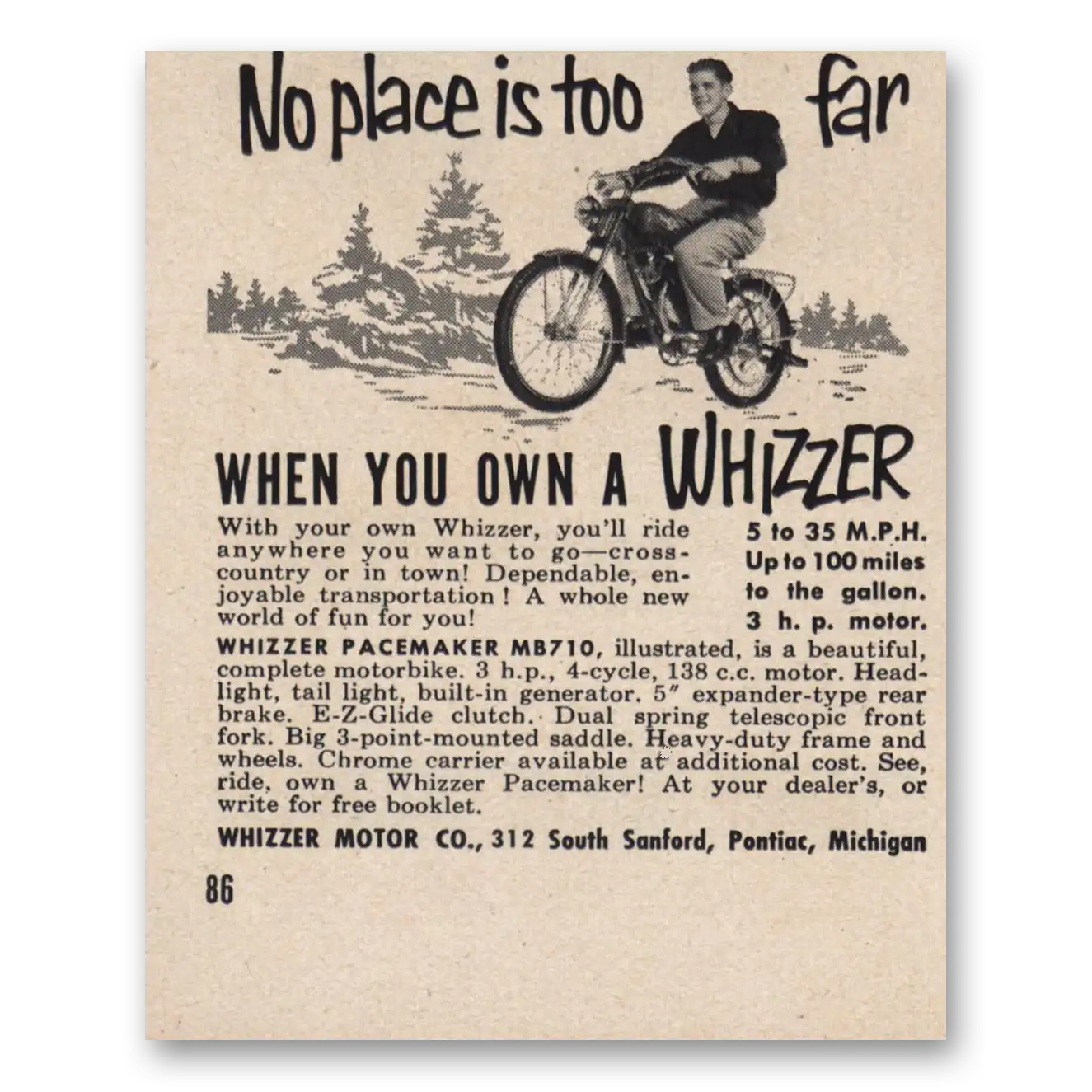 1952 Whizzer Pacemaker Motorbike No Place Is Too Far Vintage Magazine Print Ad