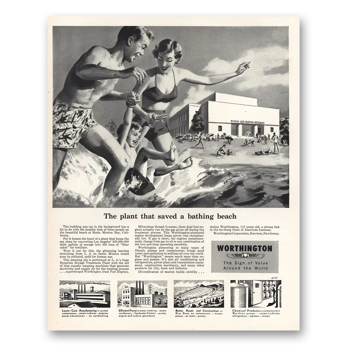 1952 Worthington Air Conditioning Plant Saved Bathing Beach Vintage Magazine Print Ad