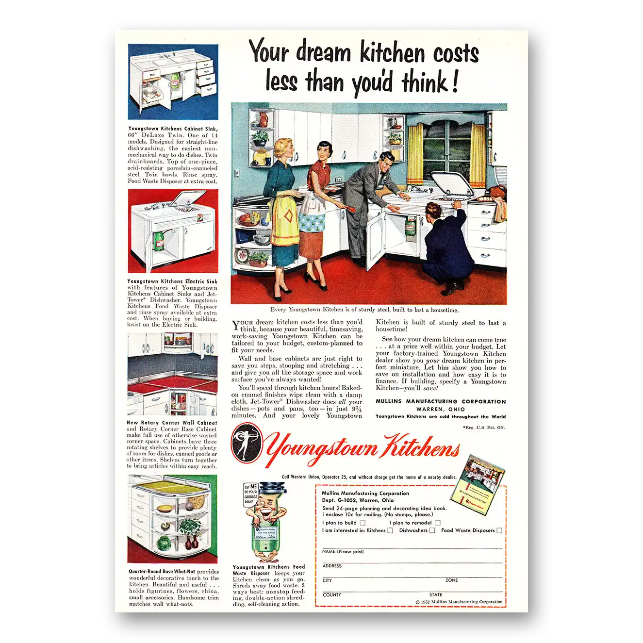 1952 Youngstown Kitchens Dream Kitchen Costs Less Vintage Magazine Print Ad