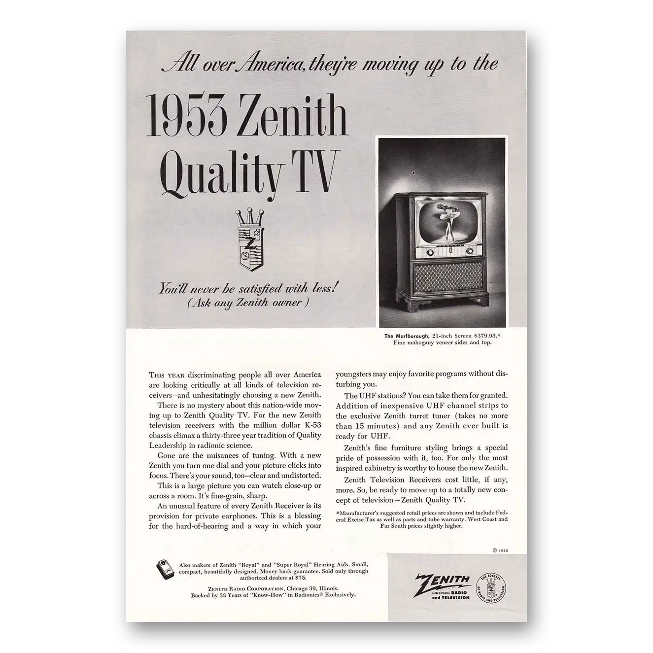 1952 Zenith Television Zenith Quality TV Vintage Magazine Print Ad