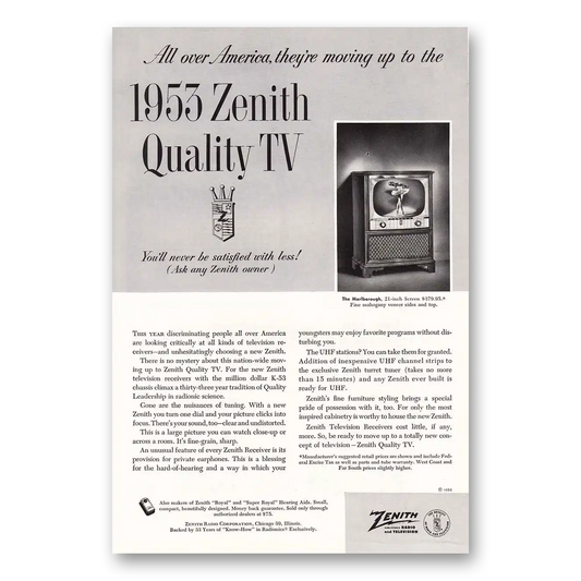 1952 Zenith Television Zenith Quality TV Vintage Magazine Print Ad