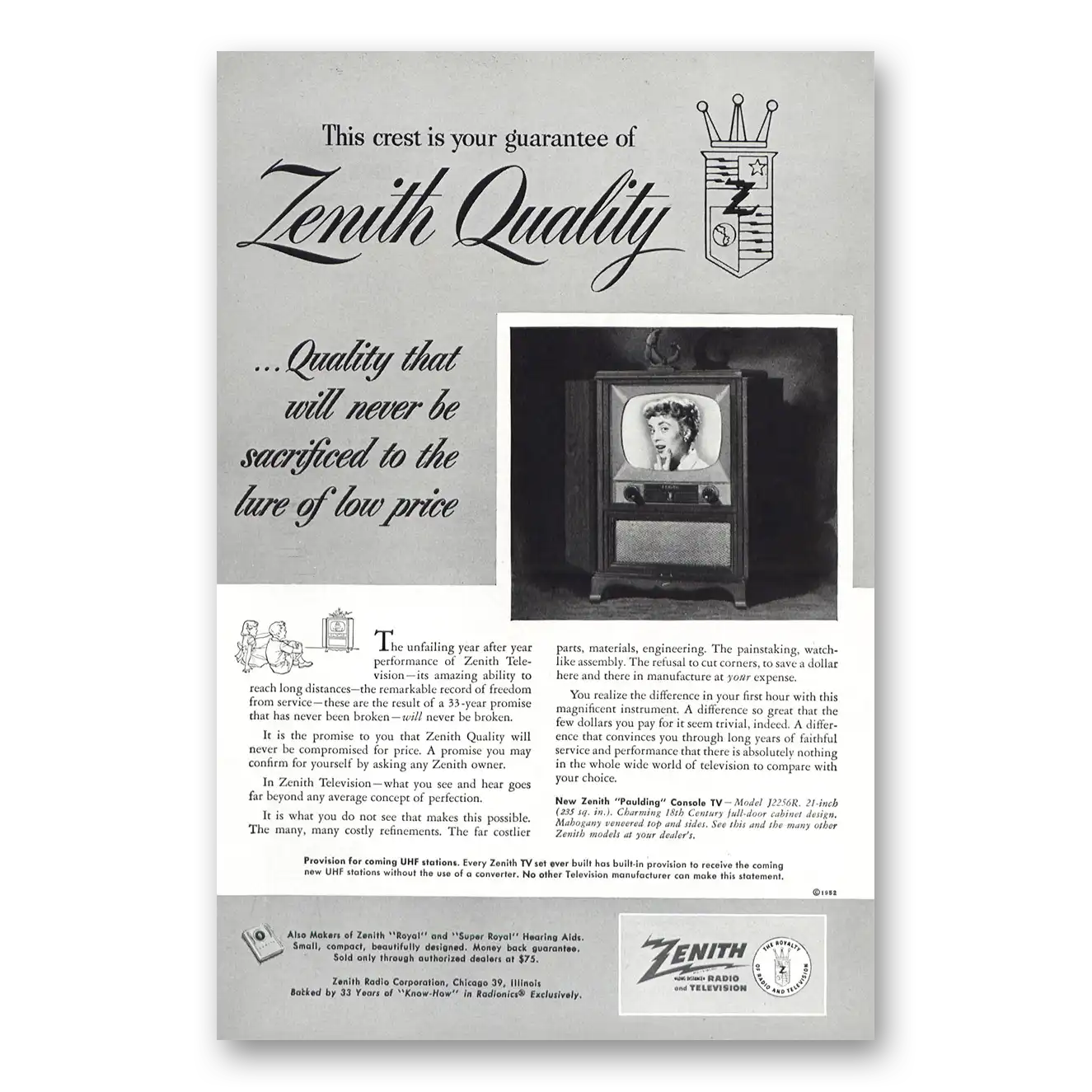 1952 Zenith Television Paulding Console TV Quality Vintage Magazine Print Ad