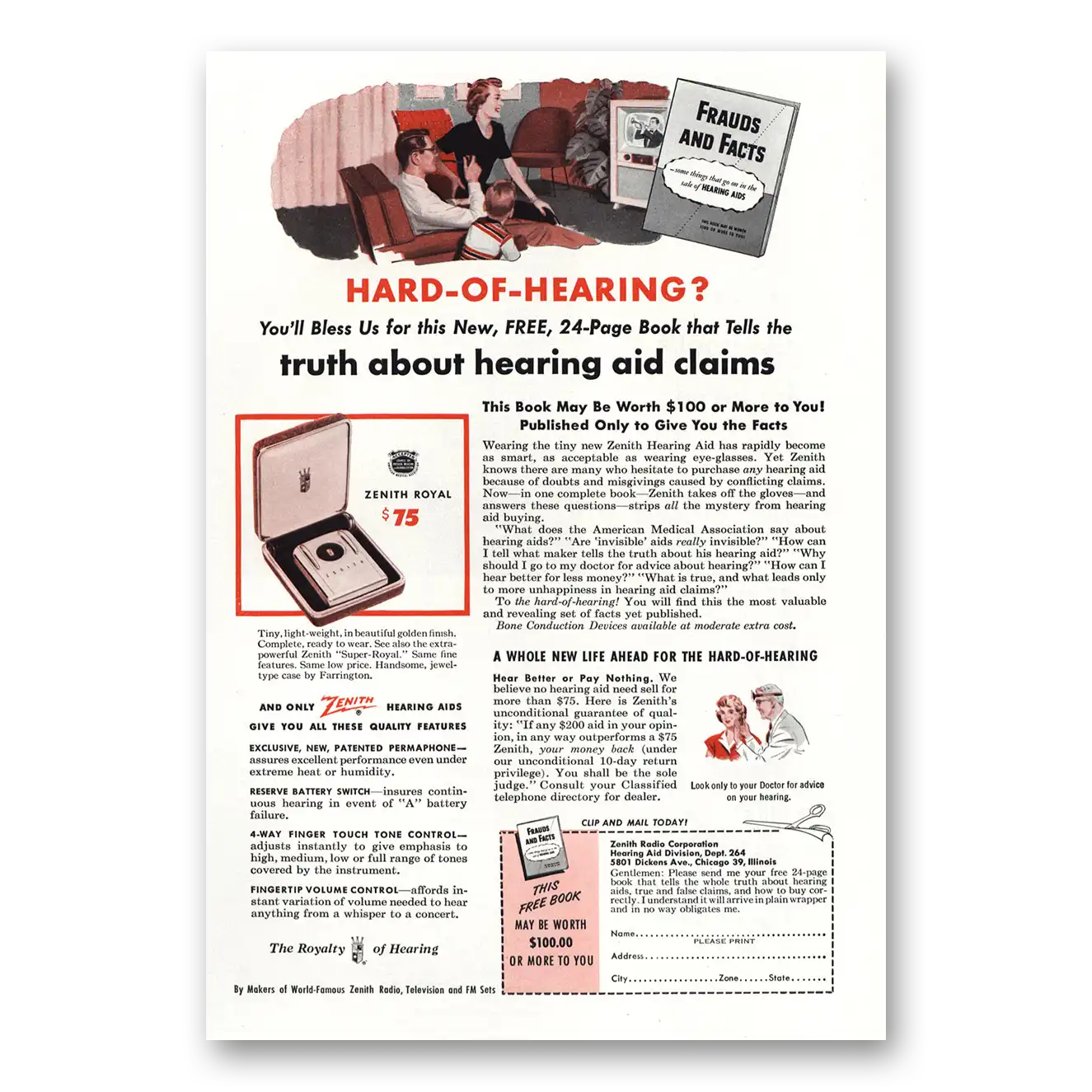 1952 Zenith Hearing Aid Frauds and Facts Vintage Magazine Print Ad