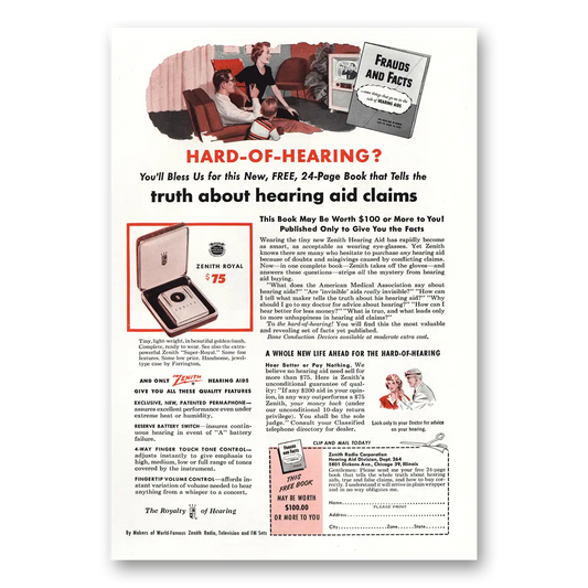 1952 Zenith Hearing Aid Frauds and Facts Vintage Magazine Print Ad