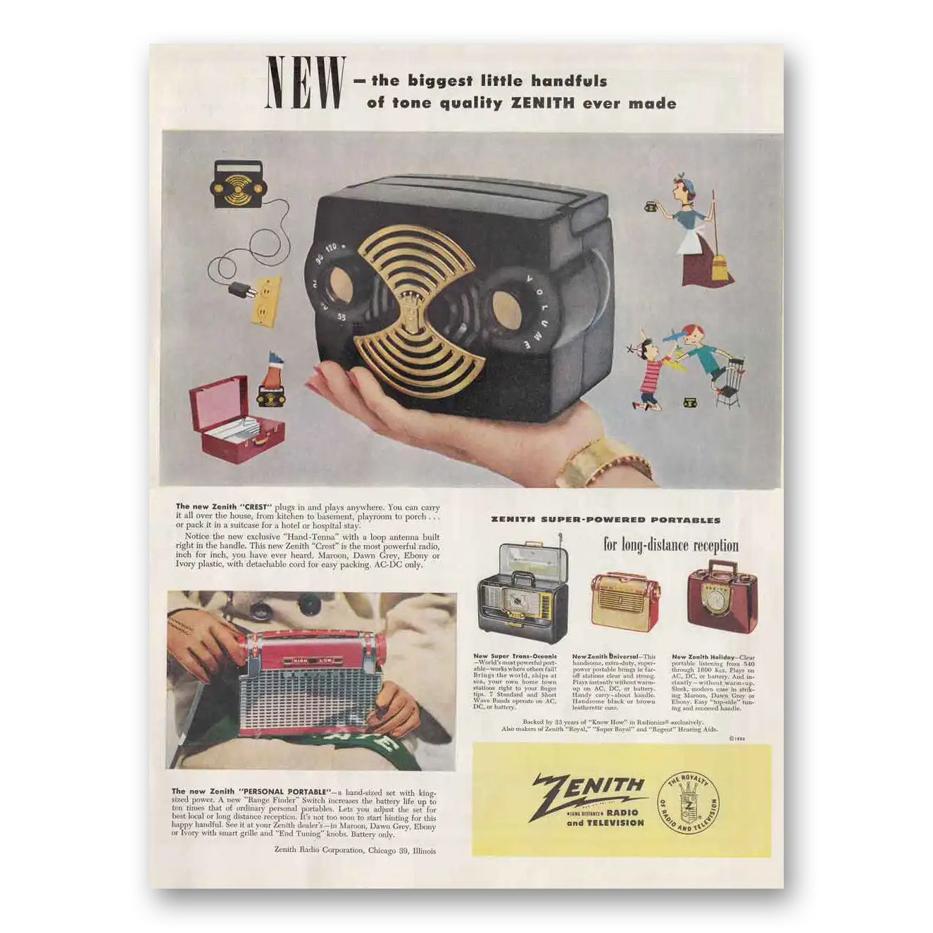 1952 Zenith Radio Super Powered Portables Handfuls Vintage Magazine Print Ad