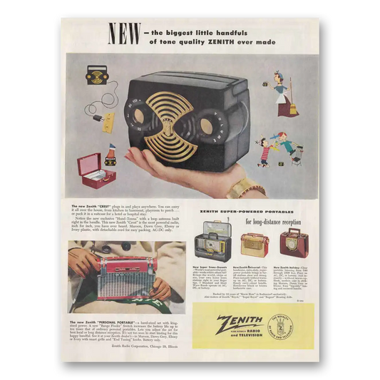 1952 Zenith Radio Super Powered Portables Handfuls Vintage Magazine Print Ad