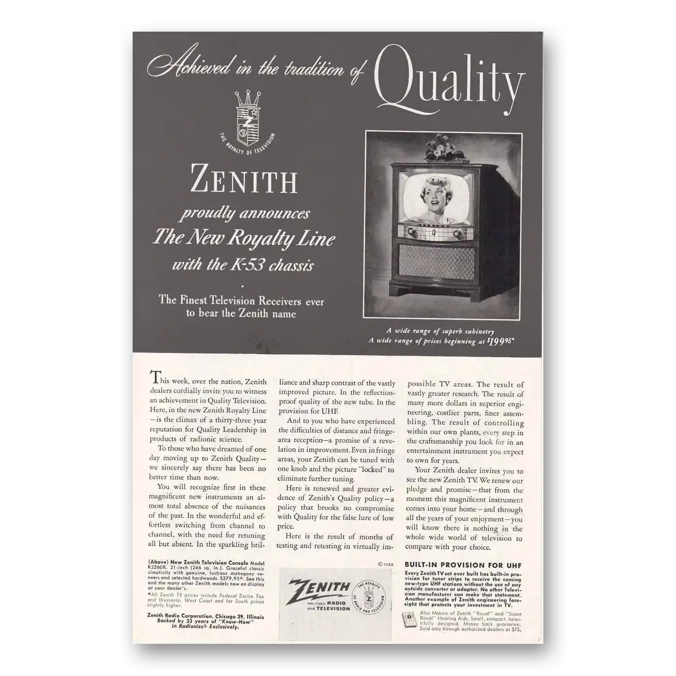 1952 Zenith Television Royalty Line K53 Chassis Vintage Magazine Print Ad