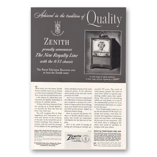 1952 Zenith Television Royalty Line K53 Chassis Vintage Magazine Print Ad