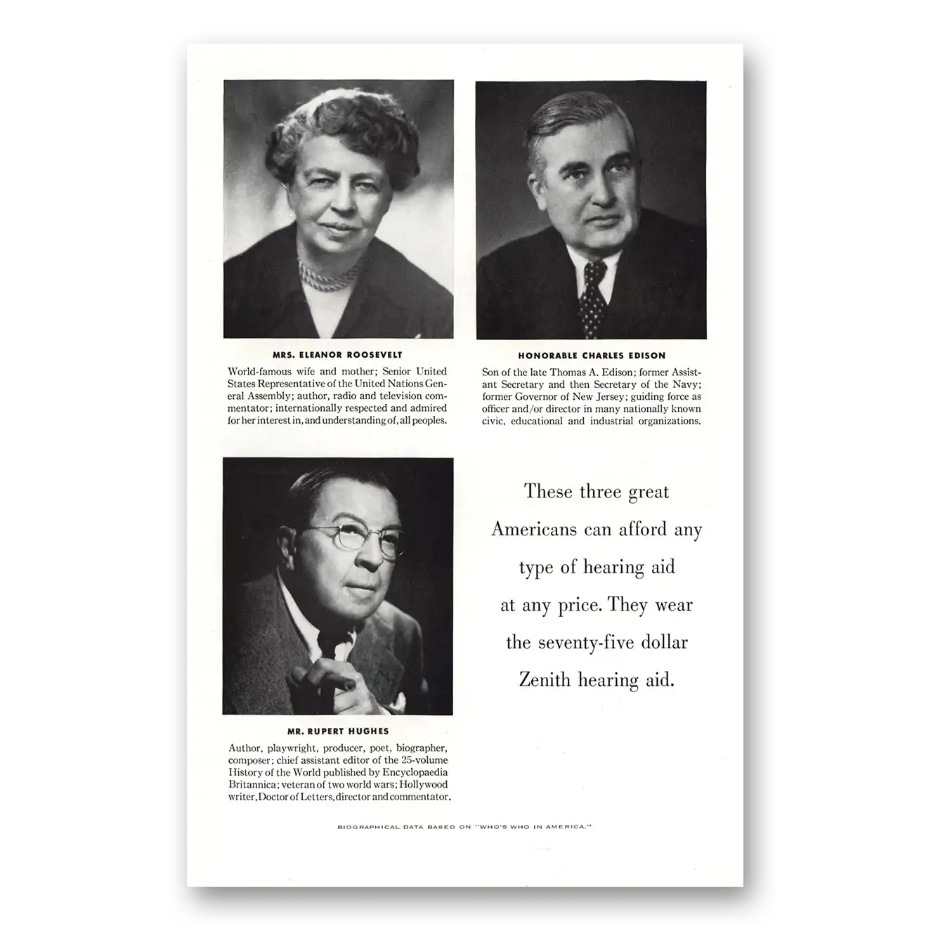 1952 Zenith Hearing Aid Eleanor Roosevelt Vintage Magazine Print Ad