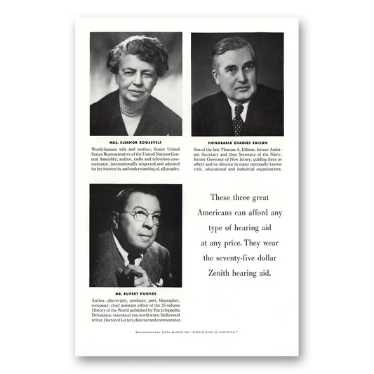 1952 Zenith Hearing Aid Eleanor Roosevelt Vintage Magazine Print Ad