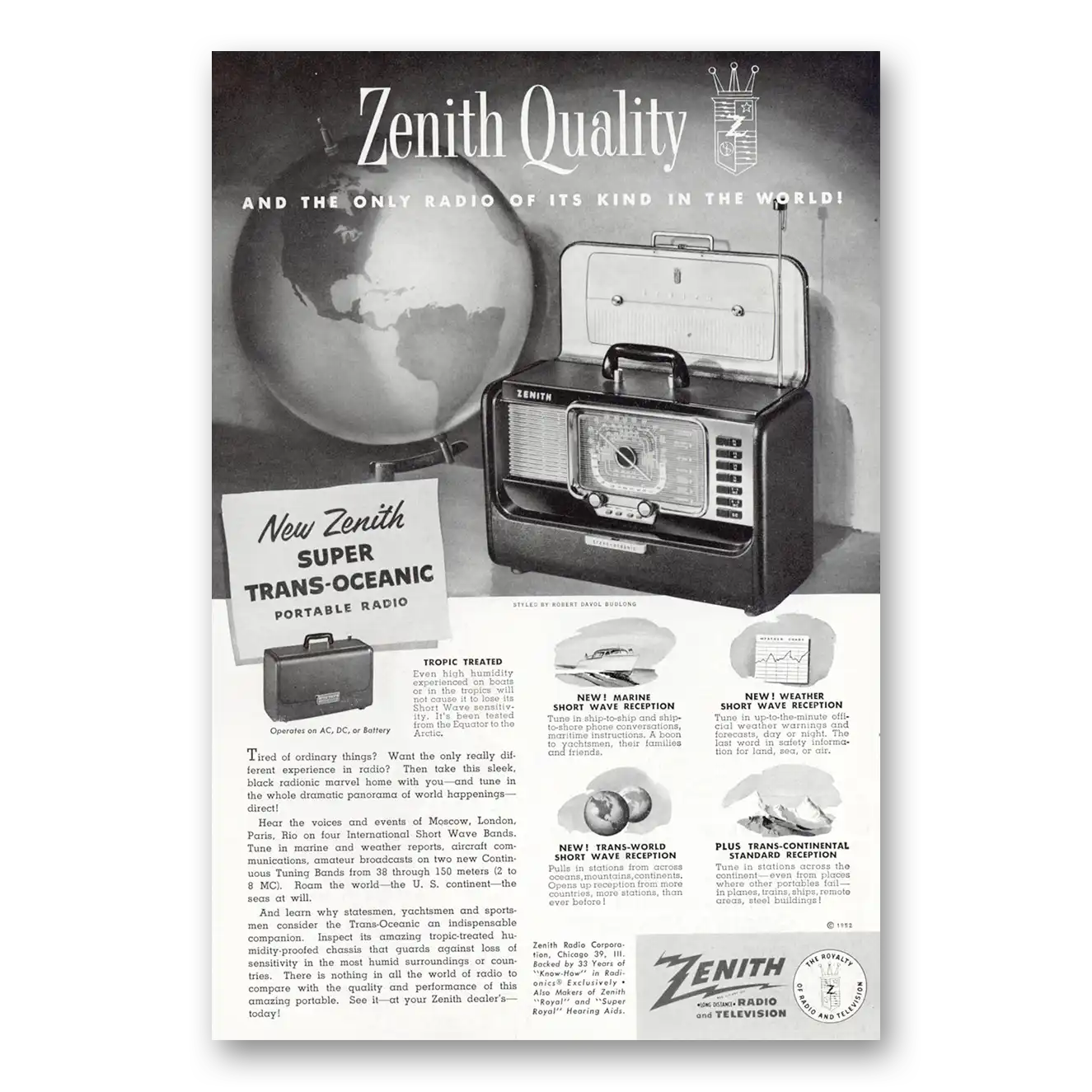 1952 Zenith Radio Super Trans Oceanic Radio Globe Vintage Magazine Print Ad