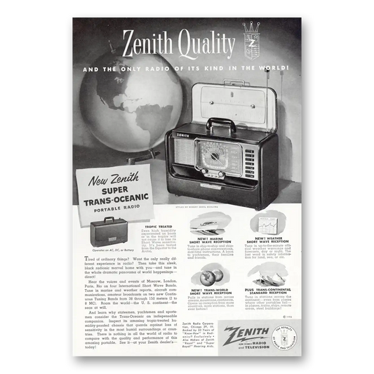 1952 Zenith Radio Super Trans Oceanic Radio Globe Vintage Magazine Print Ad