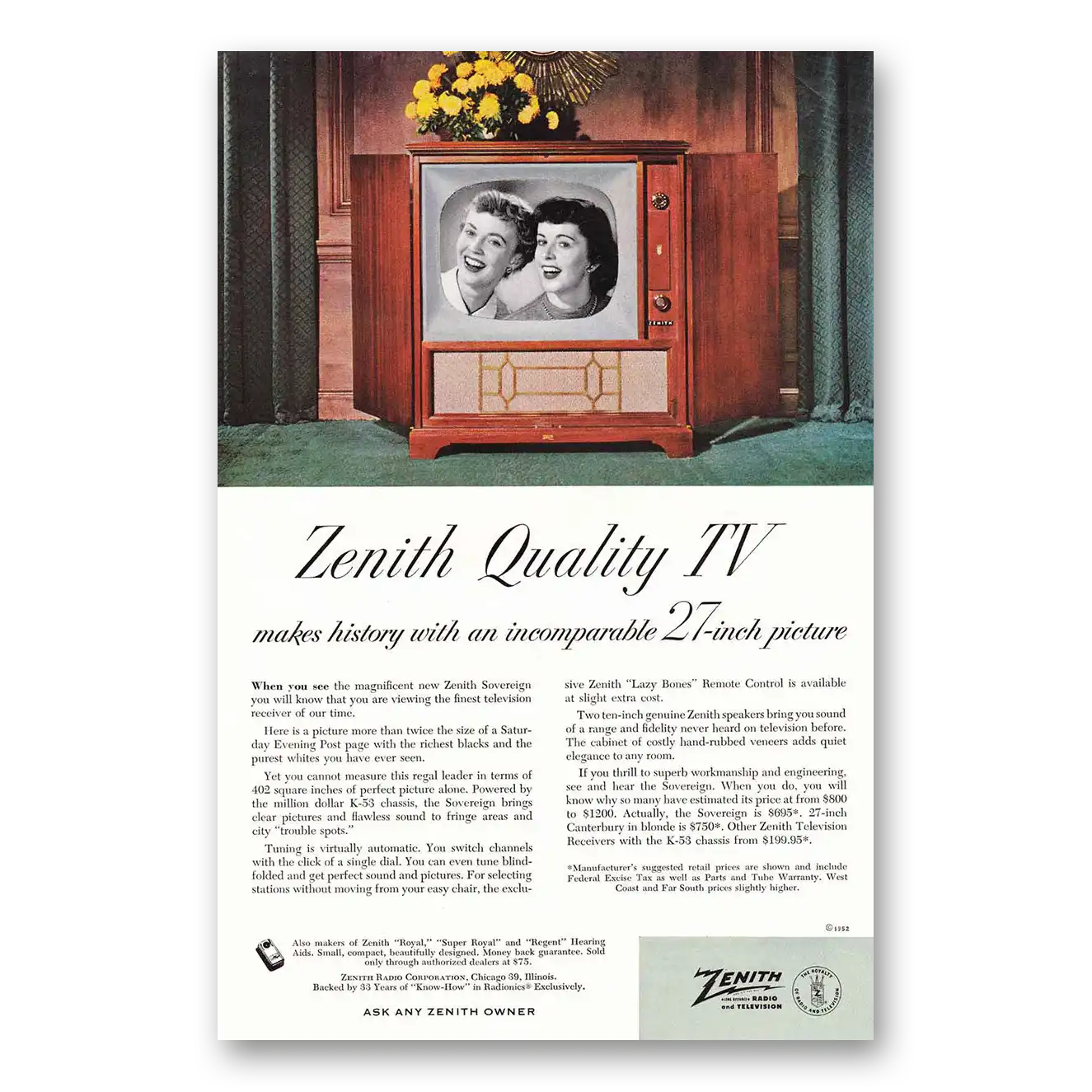 1952 Zenith Television Quality TV Makes History Incomparable 27 Inch Picture Vintage Magazine Print Ad