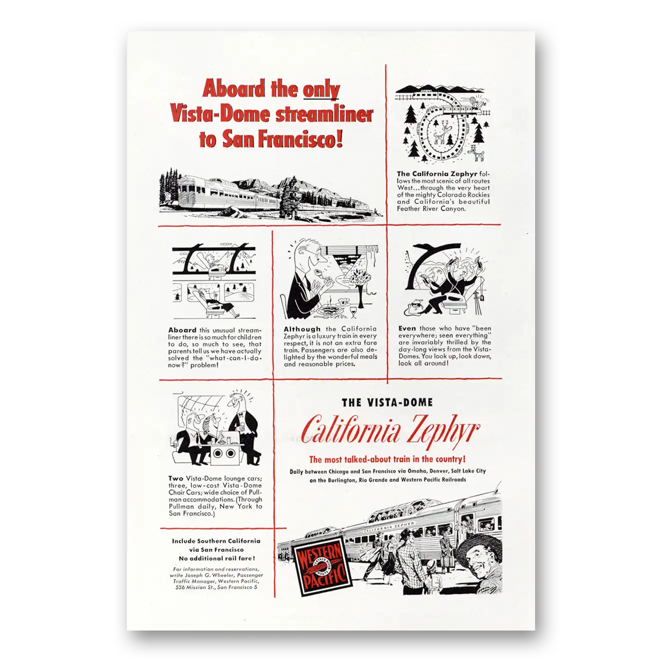 1952 California Zephyr Vista Dome Streamliner to San Francisco Vintage Magazine Print Ad