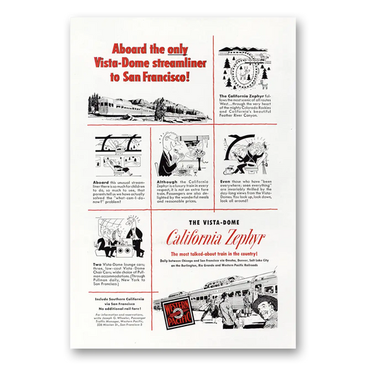 1952 California Zephyr Vista Dome Streamliner to San Francisco Vintage Magazine Print Ad