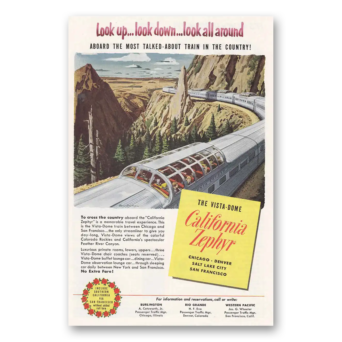 1952 California Zephyr Look Up Look Down Look All Around Vintage Magazine Print Ad