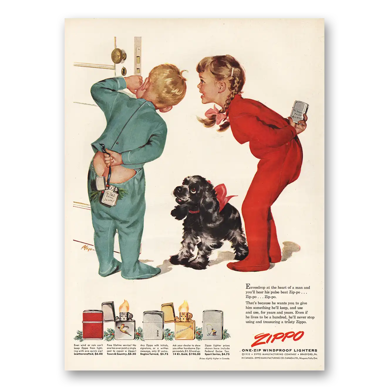 1952 Zippo Lighter Eavesdrop Christmas Vintage Magazine Print Ad