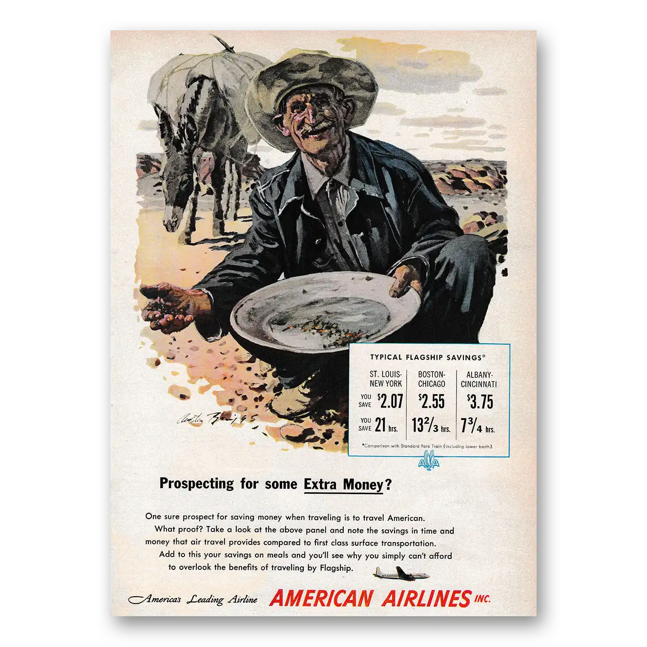 1953 American Airlines Prospecting for Some Extra Money Vintage Magazine Print Ad