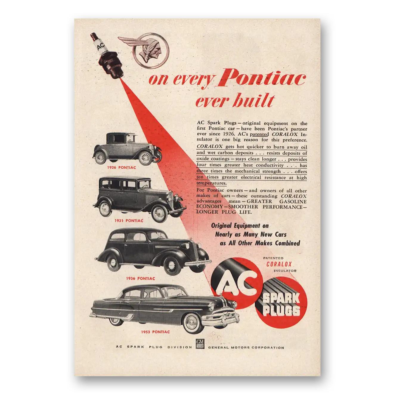 1953 AC Spark Plugs On Every Pontiac Ever Built Vintage Magazine Print Ad