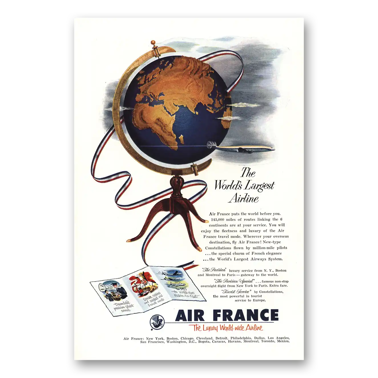 1953 Air France Worlds Largest Airline Vintage Magazine Print Ad