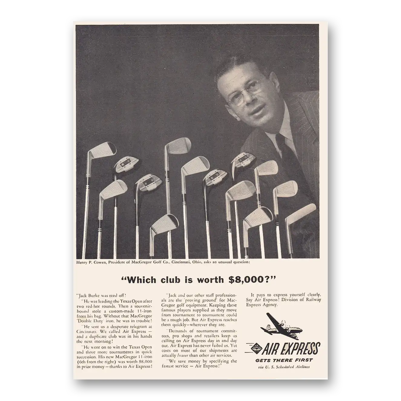 1953 Air Express Which Club Is Worth 8000 MacGregor Vintage Magazine Print Ad