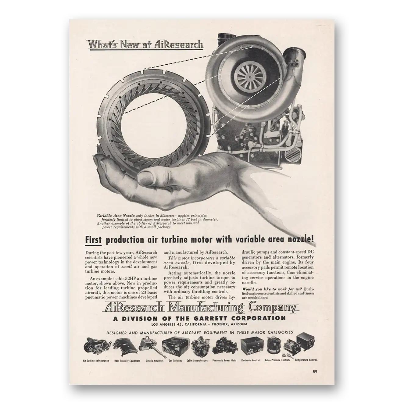 1953 Garrett AiResearch First Production Air Turbine Motor Vintage Magazine Print Ad