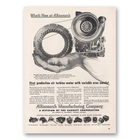 1953 Garrett AiResearch First Production Air Turbine Motor Vintage Magazine Print Ad