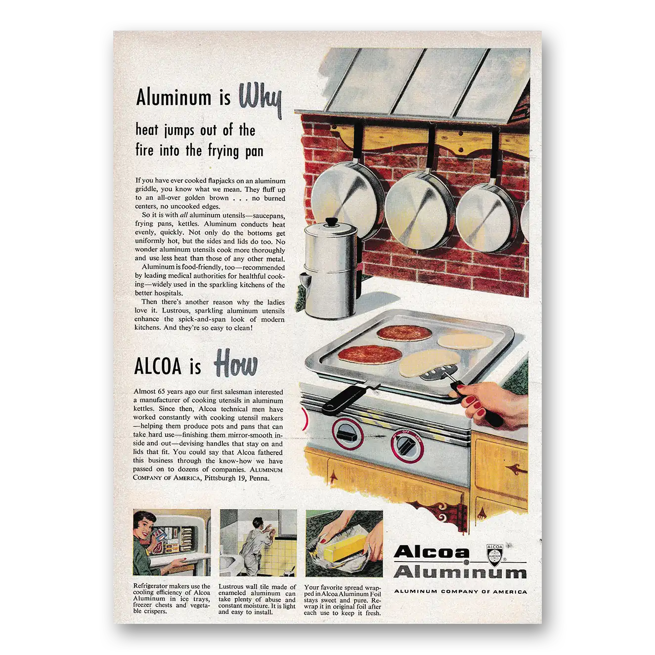 1953 Alcoa Heat Jumps Out of the Fire Into the Frying Pan Vintage Magazine Print Ad