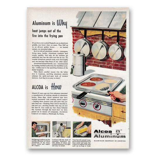 1953 Alcoa Heat Jumps Out of the Fire Into the Frying Pan Vintage Magazine Print Ad