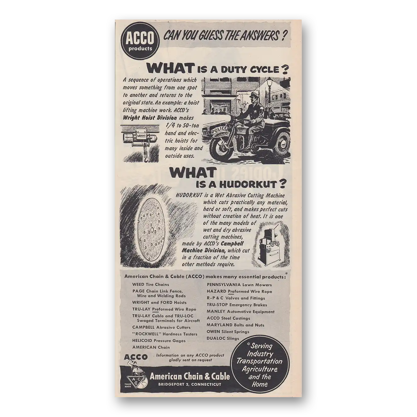 1953 American Chain Company What Is a Duty Cycle Vintage Magazine Print Ad