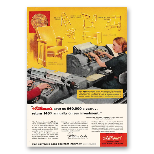 1953 National Cash Register American Seating Company Vintage Magazine Print Ad