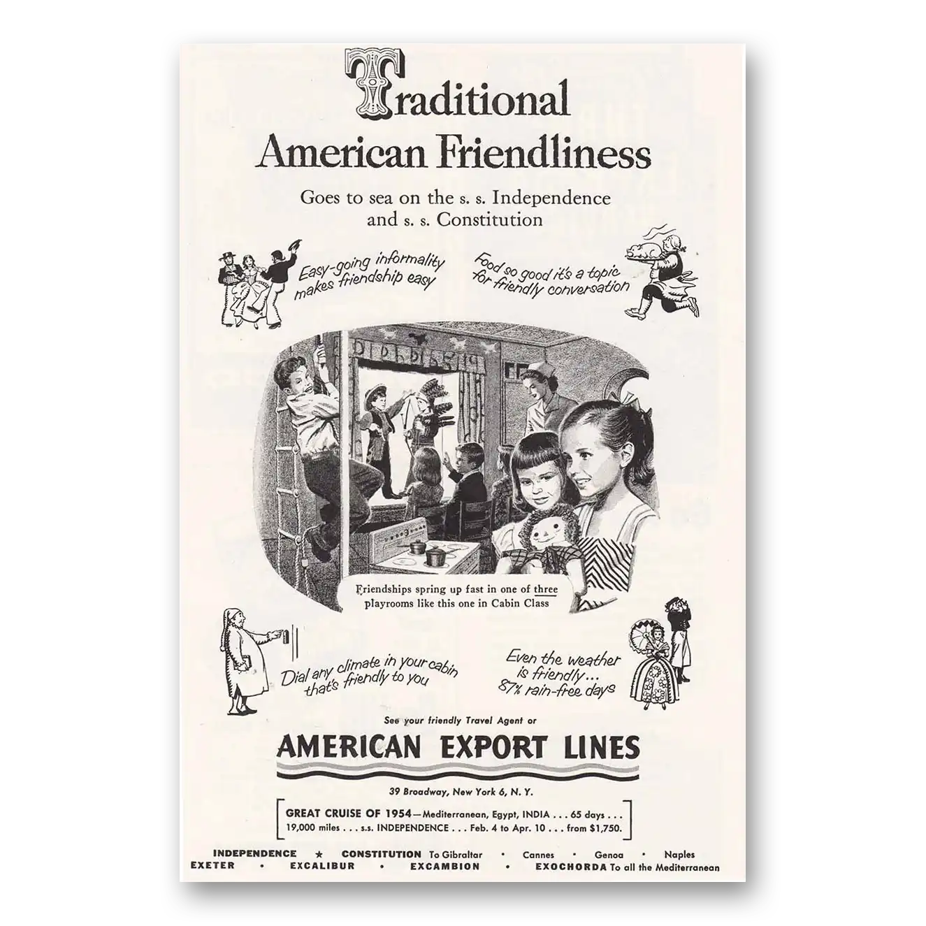 1953 American Export Lines Traditional American Friendliness Vintage Magazine Print Ad