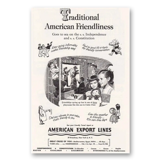 1953 American Export Lines Traditional American Friendliness Vintage Magazine Print Ad