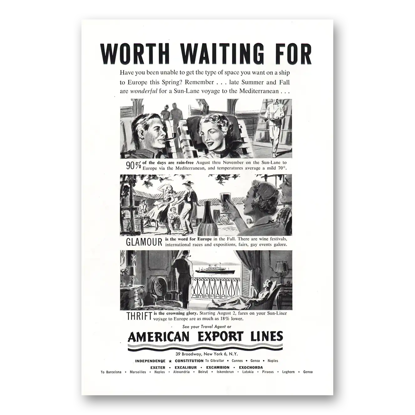 1953 American Export Lines Worth Waiting For Vintage Magazine Print Ad