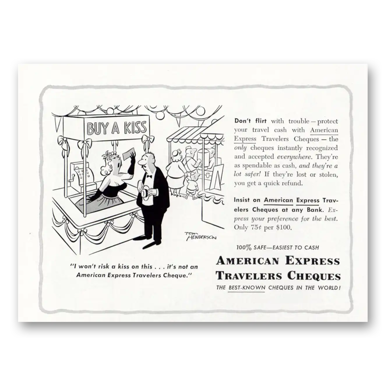 1953 American Express Travelers Cheques Buy a Kiss Tom Henderson Vintage Magazine Print Ad