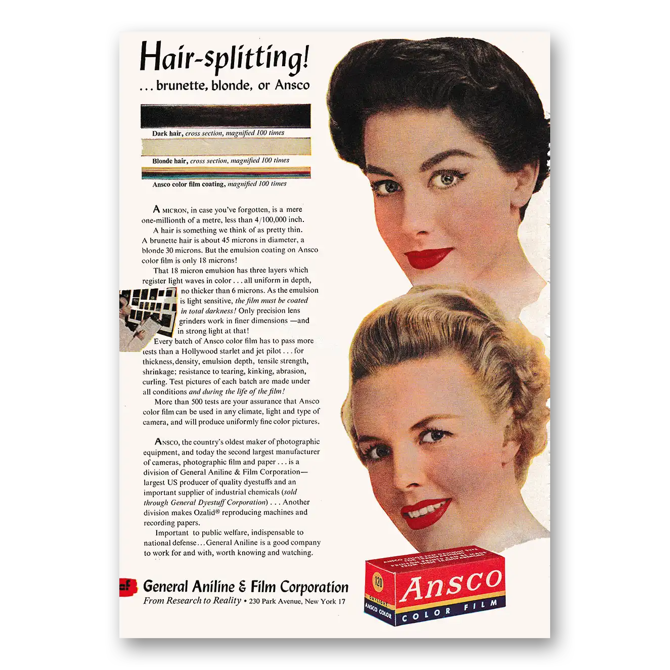 1953 Ansco Film Hair Splitting Brunette Blonde or Ansco Vintage Magazine Print Ad