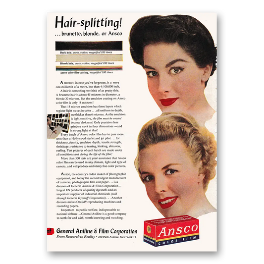 1953 Ansco Film Hair Splitting Brunette Blonde or Ansco Vintage Magazine Print Ad