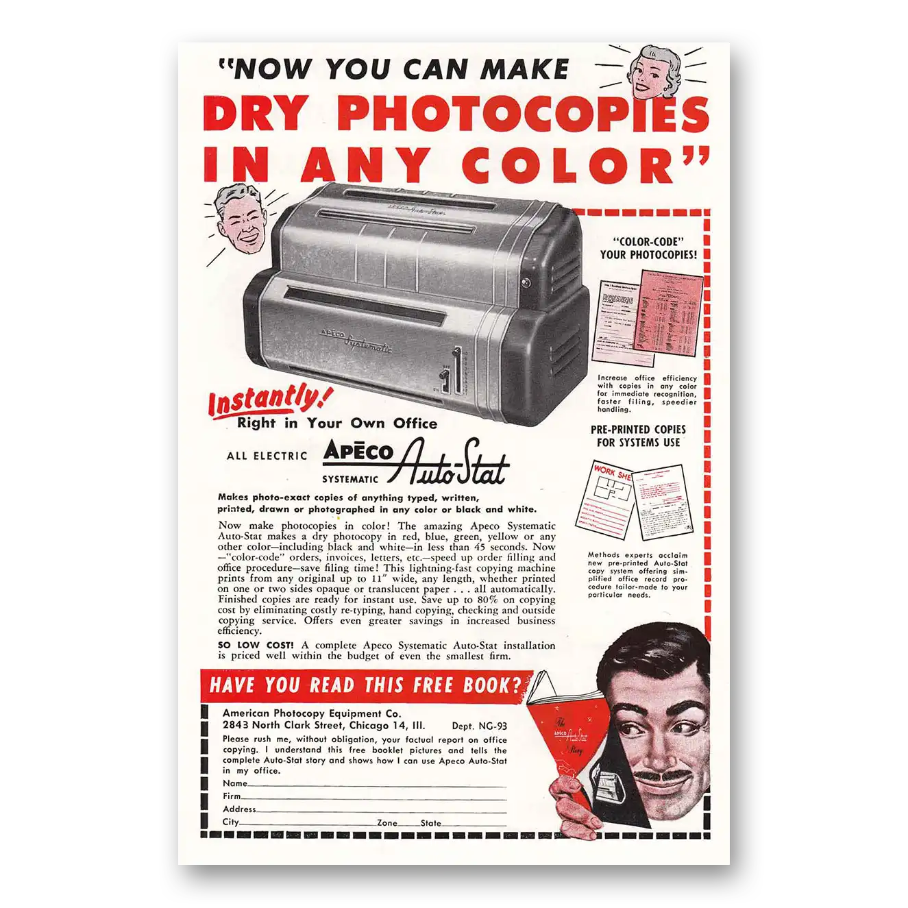 1953 Apeco Auto Stat Photocopier Dry Photocopies Vintage Magazine Print Ad