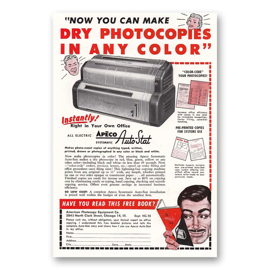 1953 Apeco Auto Stat Photocopier Dry Photocopies Vintage Magazine Print Ad