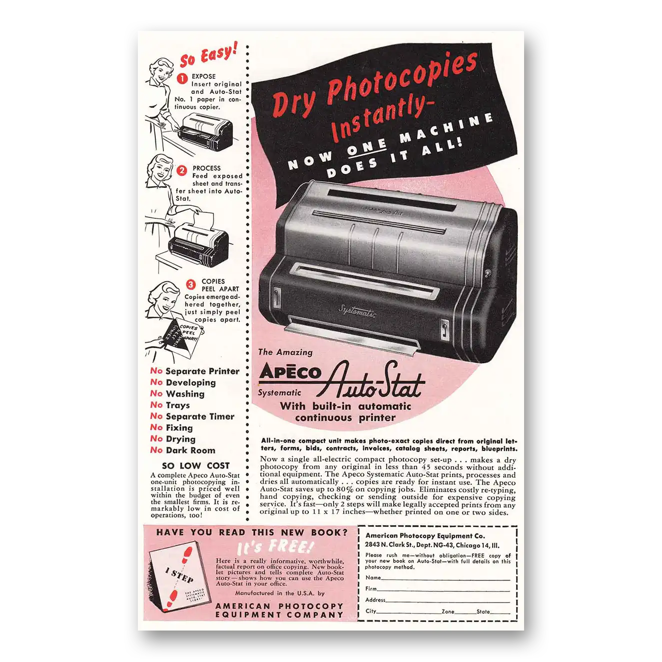 1953 Apeco Auto Stat Photocopier Built in Automatic Continuous Printer Vintage Magazine Print Ad