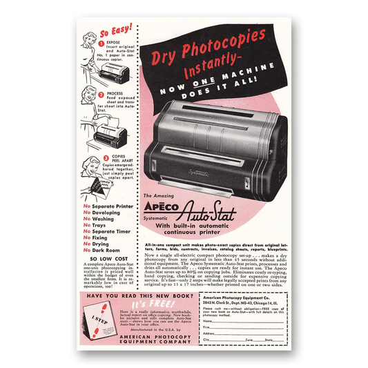 1953 Apeco Auto Stat Photocopier Built in Automatic Continuous Printer Vintage Magazine Print Ad