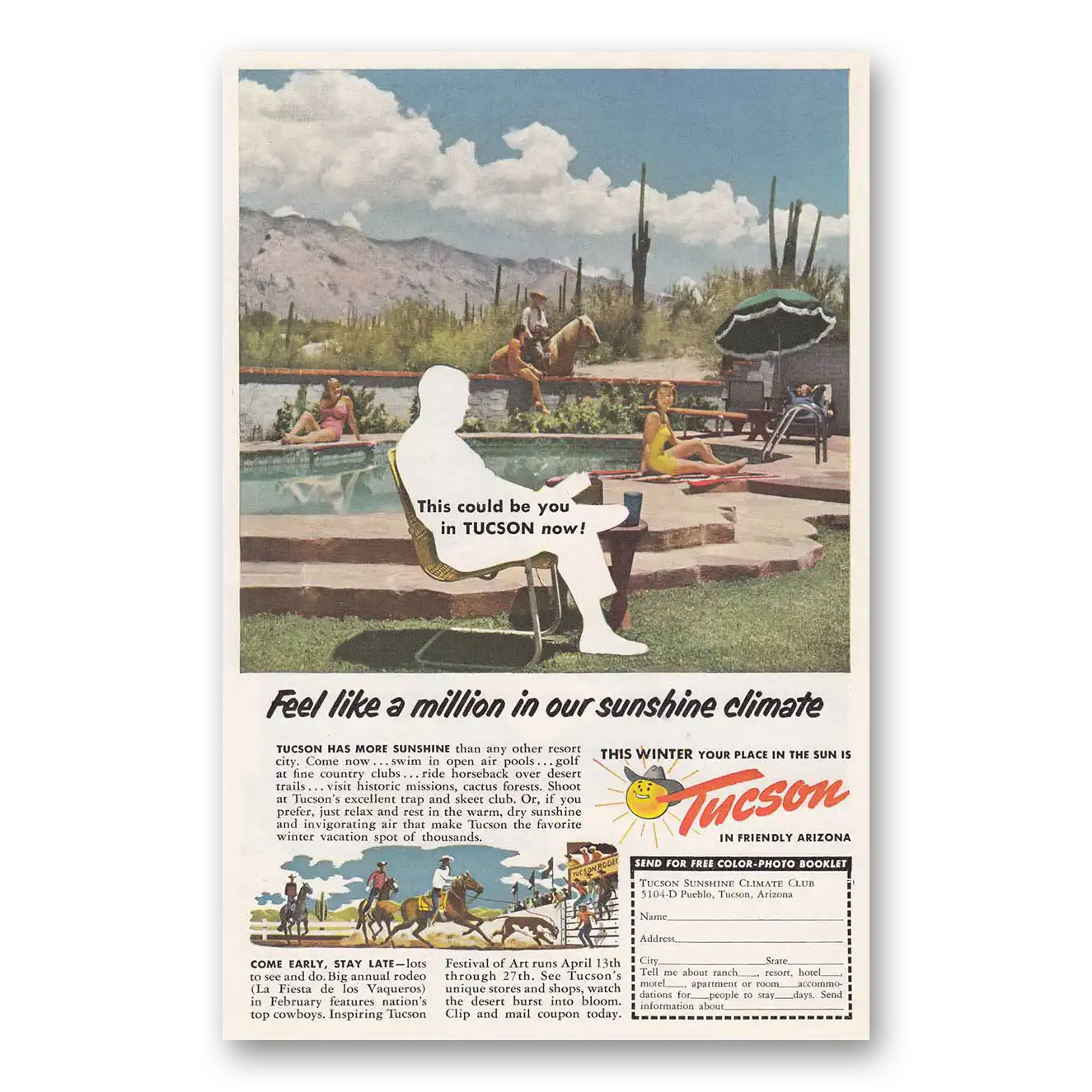 1953 Tucson Arizona Feel Like a Million Pool Horses Vintage Magazine Print Ad