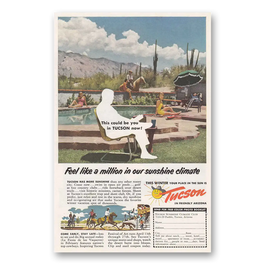 1953 Tucson Arizona Feel Like a Million Pool Horses Vintage Magazine Print Ad