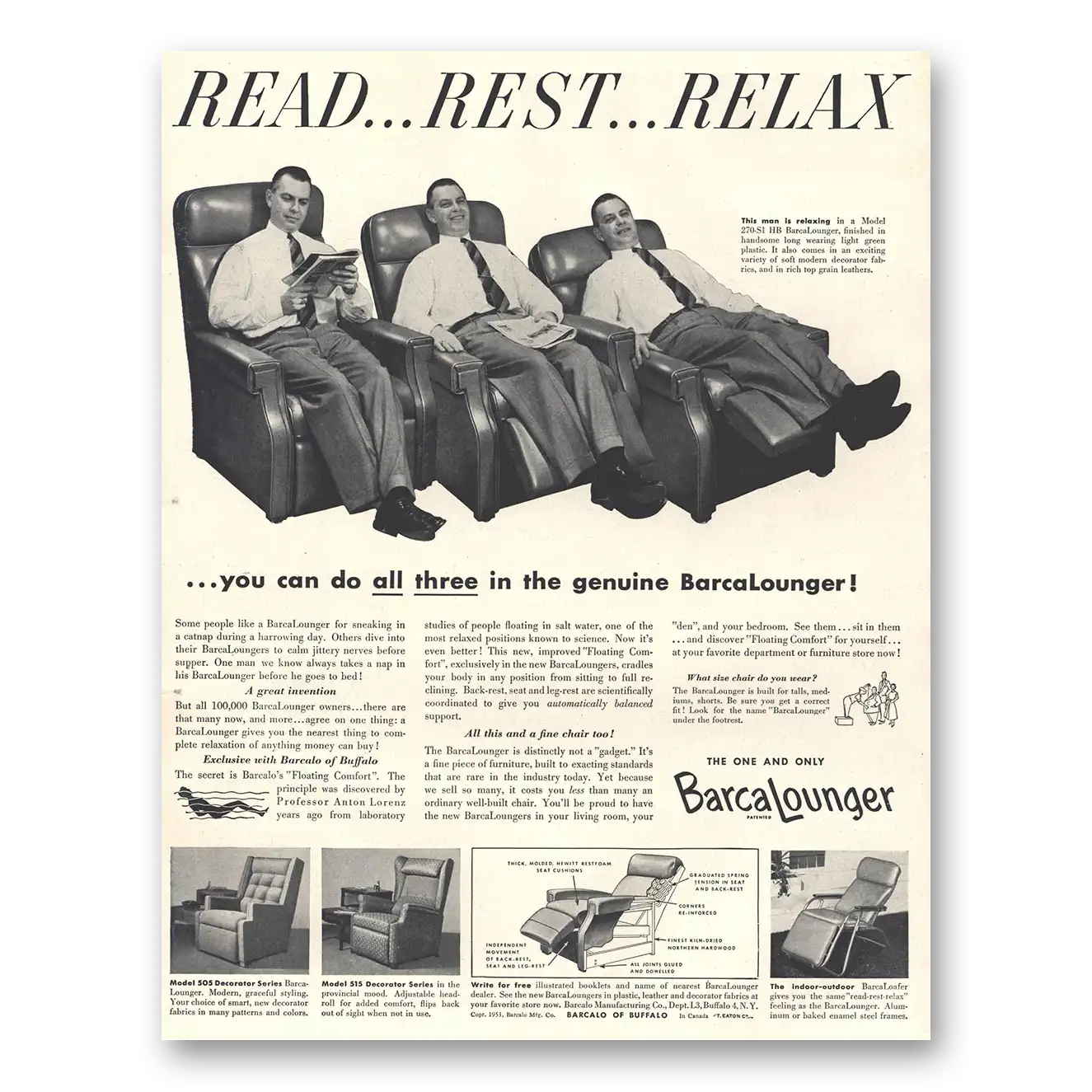 1953 BarcaLounger Read Rest Relax Vintage Magazine Print Ad